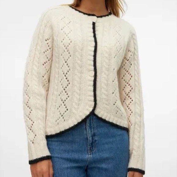 Vero Moda Sweaters - Vero Moda Cream Knit Cardigan with Black Trim